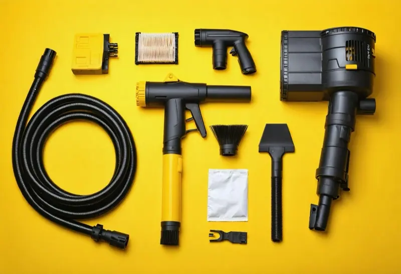 Vacuum hoses, a pleated HEPA filter, dust bags and a cyclone pre-separator on a workbench