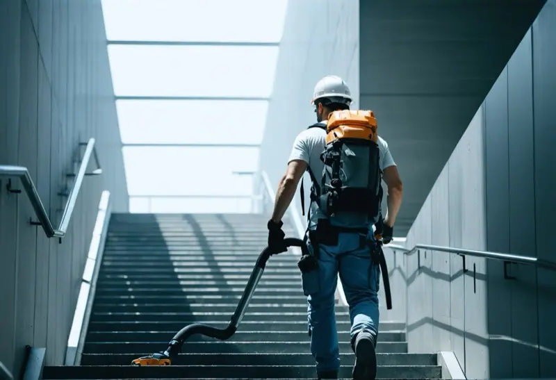 Worker in a hard hat wearing a backpack vacuum while cleaning a staircase