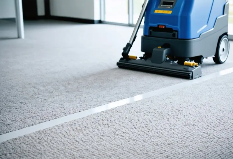 Blue commercial carpet extractor cleaning a grey office carpet