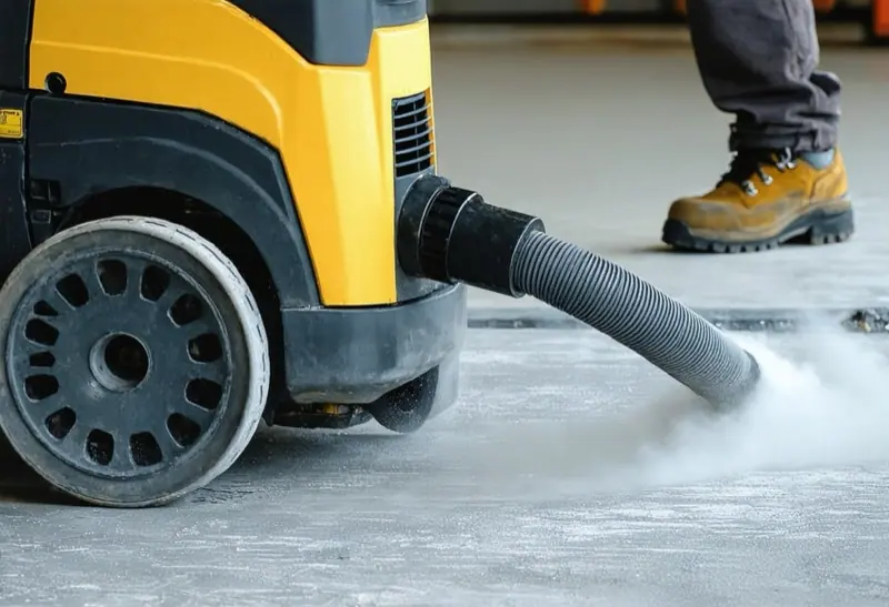 Yellow dust extractor with a hose drawing grey dust from a concrete floor next to a work boot