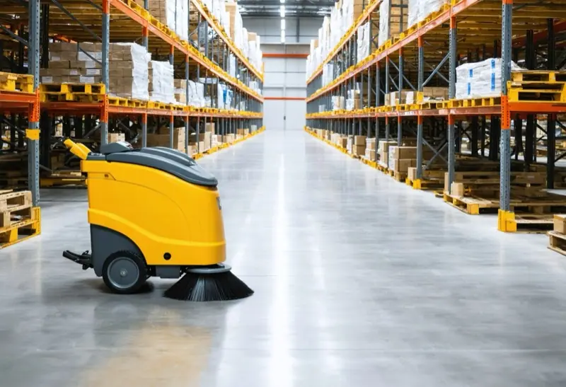 Yellow walk-behind floor sweeper cleaning a concrete warehouse floor