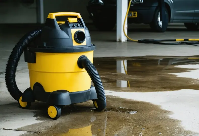 Yellow and black wet and dry shop vacuum on a damp concrete basement floor